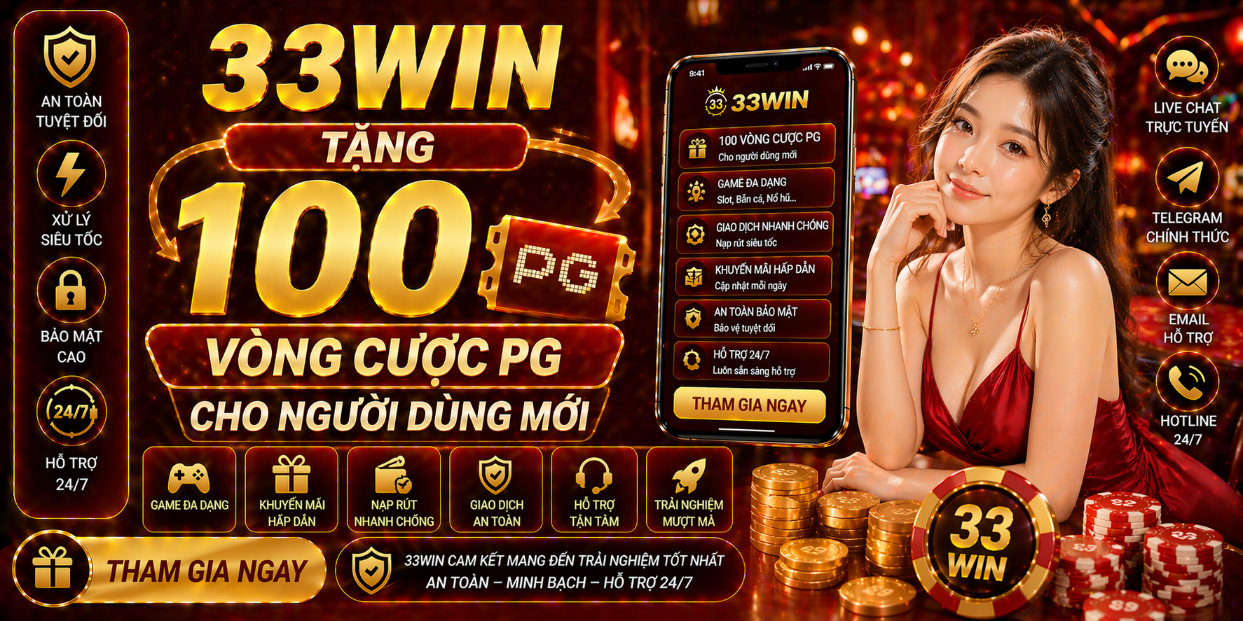 33Win tặng 100 vòng cược PG cho người dùng mới